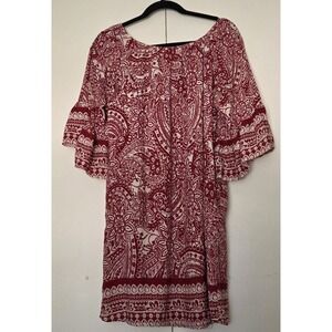 UMGEE Boho Dress  Sz L Red/White Paisley Ruffle Sleeves Elastic Scoop Neck ~EUC